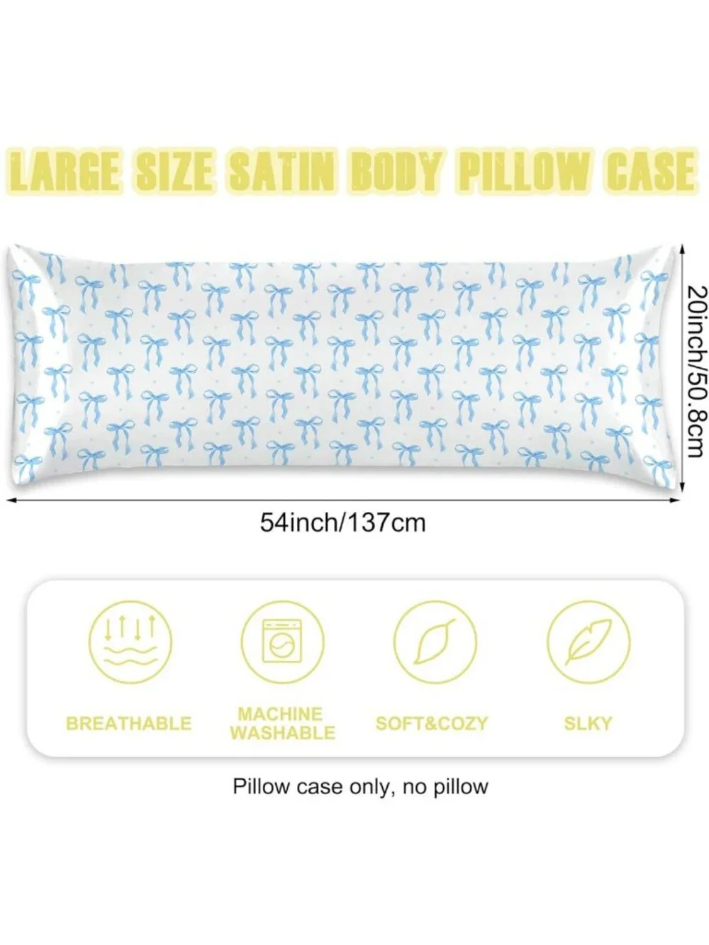 Soft Satin Body Pillowcase - Blue Bow Imitation Silk Cover 20x54